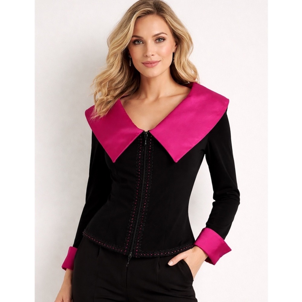 Vintage Joseph Ribkoff‎ Canada Black Pink Zip Front Cuffed Blouse Womens Size 8